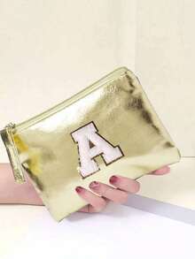 Golden Shimmering Pu Makeup Bag, Embroidered With Towel Initials A-Z, Large Capacity Makeup Bag, Stylish And Simple Coin Wallet, Elegant Ladies' Shiny Handbag, Mini Fashionable Pu Coin Wallet, Simple Solid Color Shiny Storage Bag - Gold - View 9