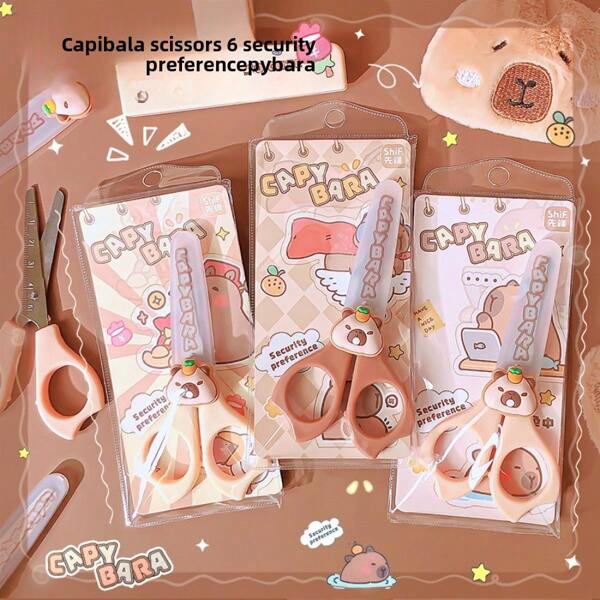 1 pieza Tijeras pequeñas de punta redonda y seguras con estilo aleatorio de Capibara, adecuadas para manualidades escolares, corte de papel, fiestas en el aula, artes y manualidades, regalos para el hogar, hechas de acero inoxidable