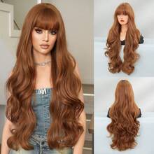 7JHH WIGS Tóc giả dài 32 inch màu nâu mơ, kiểu gợn sóng xoăn cho nữ, tóc giả dài bồng bềnh thanh lịch có mái, chất liệu sợi tổng hợp mềm mại, tự nhiên, chịu nhiệt, tóc giả đẹp, tạo kiểu hoàn chỉnh cho các cô gái sử dụng hàng ngày, dự tiệc âm nhạc, dạo phố, quà tặng Ngày của Mẹ. - Màu be - Xem 13