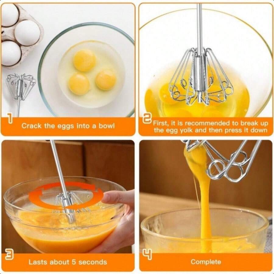 Batidor de huevos semi-automático para la cocina, batidor de huevos giratorio de acero inoxidable semi-automático: cree fácilmente platos deliciosos - 1 pieza - Ver 1