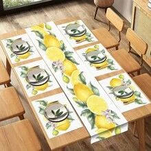 1pc/5pcs/7pcs, Home Decor, Summer Style Lemon Pattern Polyester Printed Table Runner With 6 Placemats - Polyester, Rectangle, Holiday Decorative Fabric Table Runner, Home Decor, Kitchen & Dining Table Decoration, Room Decor, Table Runner