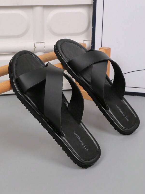 Men's Lightweight Flip Flops, Summer Fashionable Casual Outdoor Criss-Cross Sandals, Comfortable Smooth Black Toe Ring Slippers