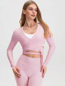 Ballet Wrap Tie Top Women Pilates Workout Yoga White Cross Wrap Top Y2k V Neck Long Sleeve Slim Fitted Self Tie T-Shirts Tops - 粉色 - 查看 8