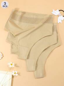Set de 3 piezas de bragas de mujer de cintura alta, de alta calidad, cómodas y transpirables de algodón para el postparto con control de barriga, color albaricoque