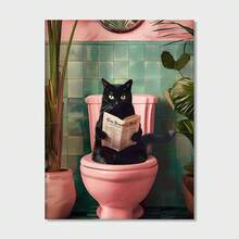 1幅无框浴室黑猫海报墙画，抽象猫咪如厕看报纸现代植物图片，彩色帆布油画印刷品，适用于客厅卧室装饰 - 彩色 - 查看 12