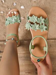 Women's Fashion Embroidered Comfortable Buckle Elastic Band Plus Size Flat Sandals - Green - View 1