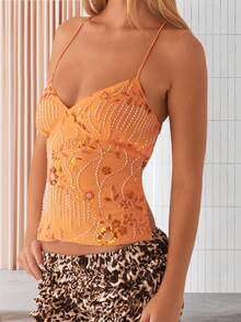 Women Camisole, Sleeveless Tops V-Neck Backless Flower Summer Vest For Party Club - 橘色 - 查看 3