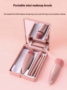 Customizable Portable 5 Brush Makeup Travel Set With Mirror, Mini Multi-Function Loose Powder Brush, Foundation Brush, Shadow Box With Mirror