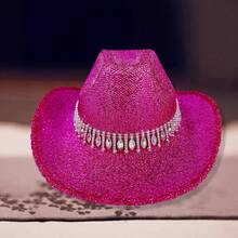 Women's Cowgirl Hat Stylish Rhinestone Design Sun Hat Wide Brim Western Cap For Party Daily Life - Hot Pink - View 3