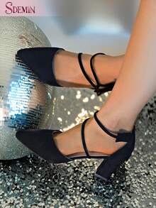 SDEMIN 女士新款高跟凉鞋，黑色华丽夏季尖头高跟鞋，秋季优雅女士粗跟办公包头鞋 - 黑色 - 查看 7