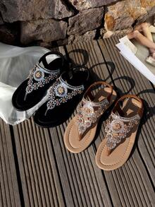 Women's Newest Style Roman Sandals, Bohemian Style Women's Flat Sandals In Brown Color - Black Diamond - View 3