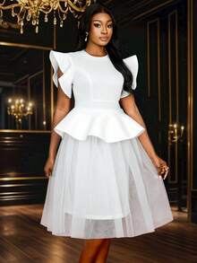 Vestido de novia, vestido de fiesta, vestido de graduación de mujer con mangas cortas con volantes, Body evasé de tul y longitud midi