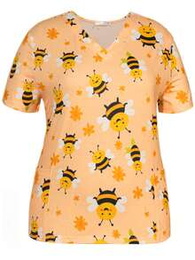 Women's Spring & Summer Cartoon Bee V-Neck Scrub Short Sleeve Nurse Uniform Tops With Pockets For Women - Multicolor - View 3