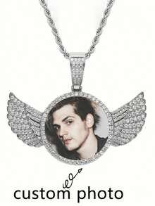 1 pieza Collar personalizado con foto redonda y alas, colgante de foto personalizado, colgante de foto personalizado "Tus alas están listas" para joyería personalizada, regalo de Navidad muy memorable, oro, plata, elegante, colorido, vintage, simple, unisex, casual, lindo, personalizado, único, regalos ideales para él, regalos ideales para ella, ella, novio, novia, papá, mamá, familia, amigos, para aniversarios, para cumpleaños, para graduación, para baile de graduación, para fiestas, otoño elegante, joyería y relojes, collares de foto de moda personalizados