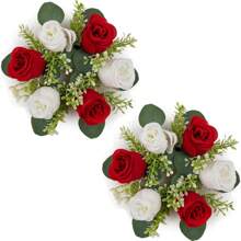 1 pièce Composition florale de centre de table de mariage - Couronne de fleurs artificielles roses avec bougie, couronne de printemps/été pour porte d'entrée, cérémonie - Bougeoir de fleurs artificielles feuilles, couronne florale en soie rose avec support de bougie, petites fleurs en plastique pour décoration de mariage, bouquet de mariée, décoration de centre de table, jardin, cour, mariage, anniversaire, douche, décoration de chambre esthétique, salle de classe, bureau, balcon, centre commercial, Saint-Valentin, cadeau