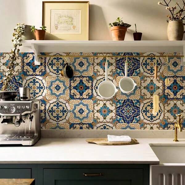 1 Rolle 45cm x 200cm Böhmischer Marokkanischer Fliesen Mosaik Selbstklebende Tapete, wasserfeste Wandaufkleber für Küche, Badezimmer, Möbelrenovierung, Schrank, Wanddekoration Raumdekoration Heimdekoration Tapeten Wandaufkleber