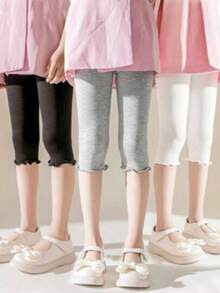 3 件套女童春季新款可爱印花打底裤，儿童松紧腰蕾丝花边针织打底裤