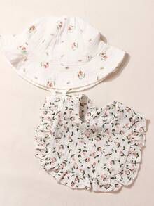 1pc Baby Hat, Baby Girls Solid Color Cute Bucket Hat Set Suitable For Outdoor Sun Protection + 1pc Printing Soft Cute Baby Bib - Multicolor - View 4