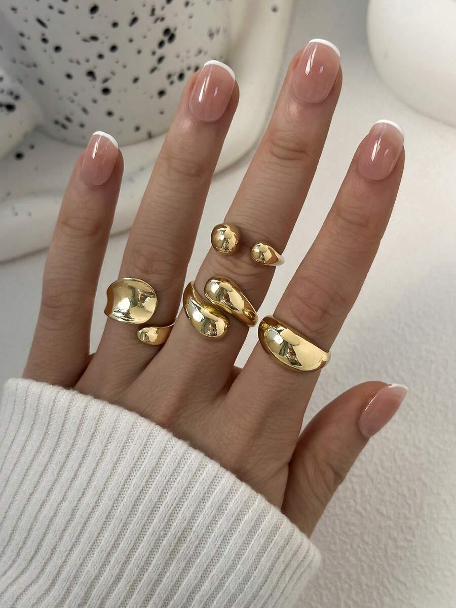 4pcs/Set Asymmetrical Women's Metal Glossy Water Drop Hugging Rings, Stackable Ring Set - Gold - View 1