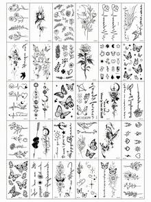 (30 Pieces Per Set) Creative Black Small Design Temporary Tattoo Stickers, Realistic Tree Branches, Starry Sky, Butterfly Flower Tattoos Suitable For Men And Women, Waterproof, Suitable For Arms, Face, Fingers, And Neck - Black - View 1