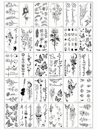 (30 Pieces Per Set) Creative Black Small Design Temporary Tattoo Stickers, Realistic Tree Branches, Starry Sky, Butterfly Flower Tattoos Suitable For Men And Women, Waterproof, Suitable For Arms, Face, Fingers, And Neck