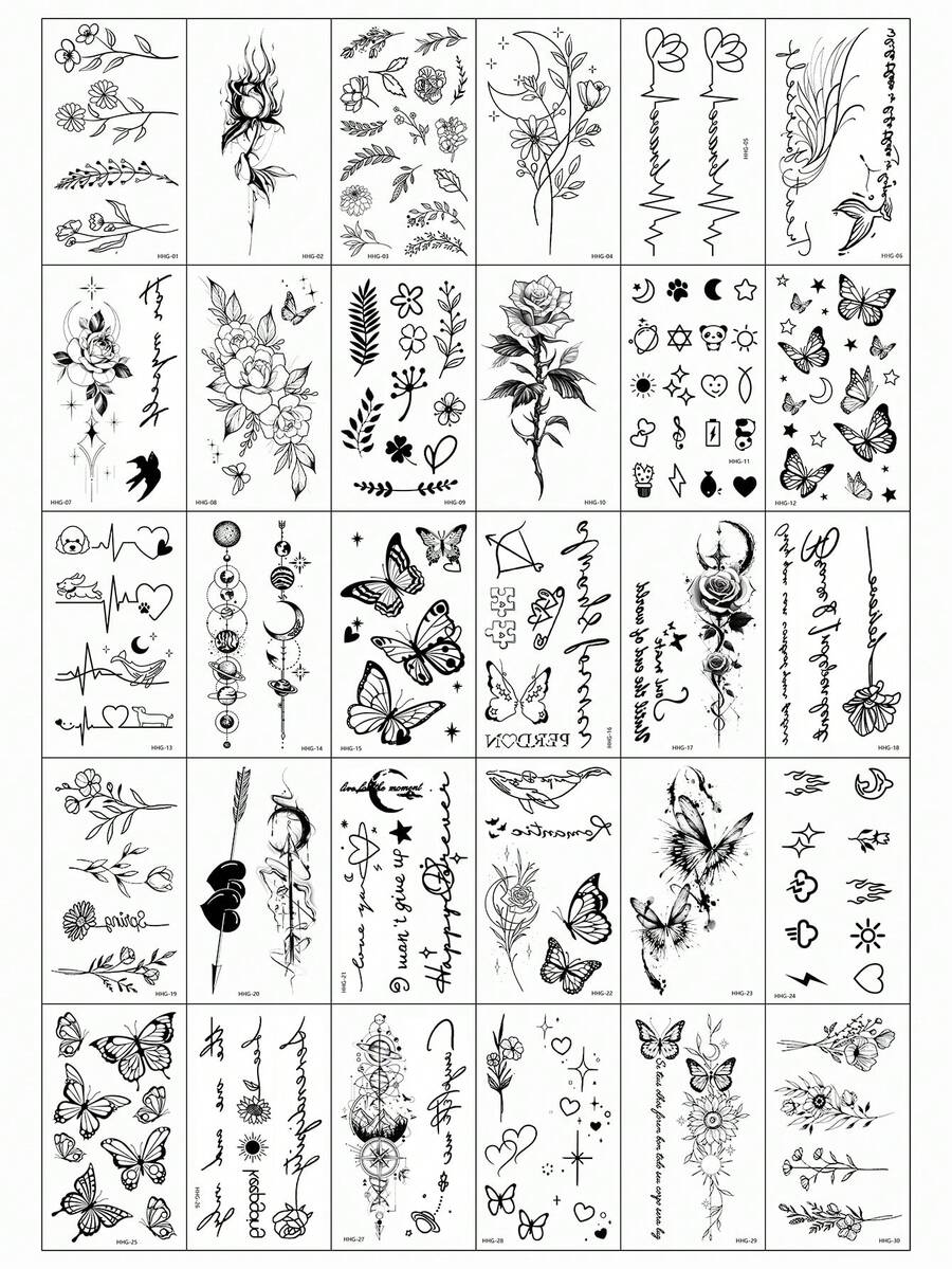 (30 Pieces Per Set) Creative Black Small Design Temporary Tattoo Stickers, Realistic Tree Branches, Starry Sky, Butterfly Flower Tattoos Suitable For Men And Women, Waterproof, Suitable For Arms, Face, Fingers, And Neck - Black - View 1