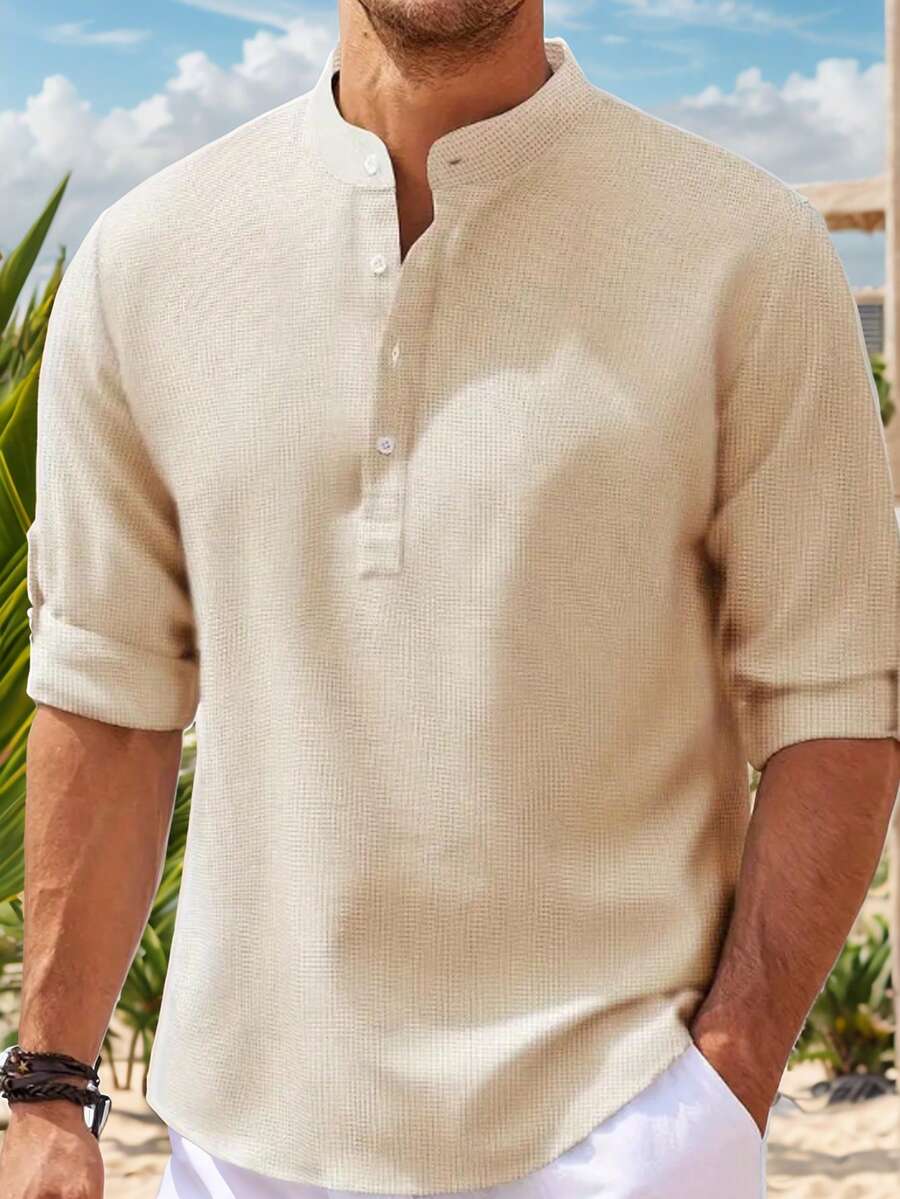 tooluck Men's Solid Color Cotton Linen Henley T-Shirts Long Sleeve Hippie Casual Beach T-Shirts - 杏色 - 查看 1