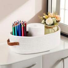 1pc Woven Storage Basket With Handle, Multi-Purpose Desktop Organizer Box, Bathroom Toilet Paper Holder, Dual Handle Office Desk Home Storage Basket
