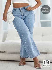 Plus Size Women Distressed Light Blue Faux Pearl Embellished Jeans - Light Wash - View 3
