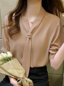 女士纯色休闲/工作服短袖蝴蝶结衬衫