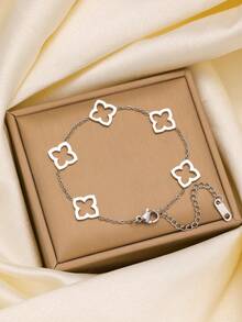 Vintage Style Premium Stainless Steel Zirconia Flower Jewelry Bracelet & Bangle Set, Suitable For Women's Daily Wear