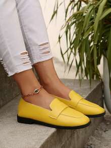 2pcs PU Leather Pleated Slippers, Suitable For Beach, Commute, Outdoor, All Season - Yellow - View 4
