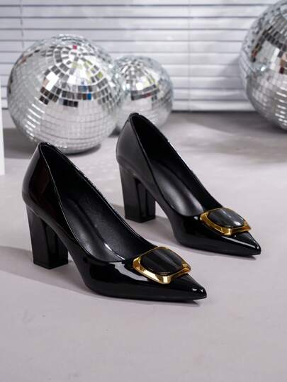 Women's Plus Size Fashion Green Pointed Toe Decor Solid Color Comfortable Chunky High Heel Shoes, Autumn/Winter