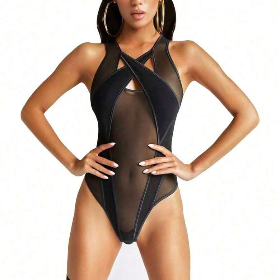 CWTI-Women's See Through Mesh Bodysuit Hollow Out Sleeveless Criss Cross Bodycon Short Mini Leotard Top Rave Festival - 黑色 - 查看 1