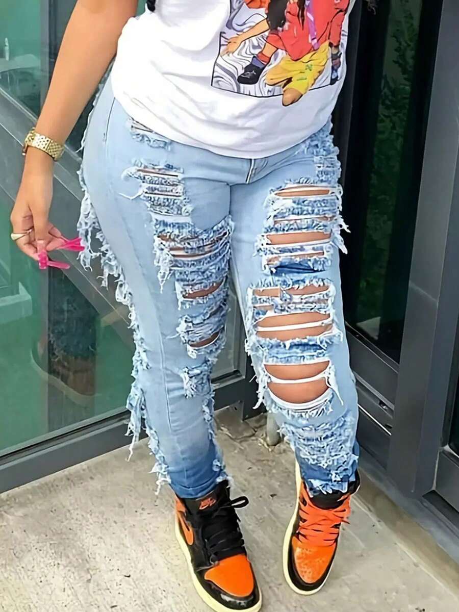 New Style Ripped High Waist Stretch Slim Fit Women's Jeans, High Quality Fashionable Casual Comfortable Jeans, Suitable For All Seasons Daily Wear - 淺藍色 - 查看 1