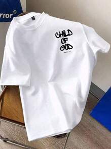 Teen Boys Street Print God's People Knappe, Kind van God En Veelzijdige Casual Zwarte Top T-shirt