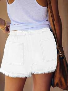 Women's Casual Elastic Waist Frayed Hem Denim Shorts White Summer - 白色 - 查看 4