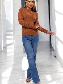 Cacharrel Women's Modal Knit Long Sleeve Ribbed Blouse - Camel - View 2