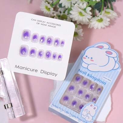 24片装亚克力假指甲，女孩按压式超短人造指甲，可爱全覆盖指甲贴片，女孩美甲用品
