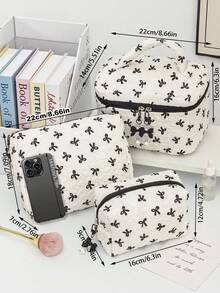 Cute Black&White Ribbon Bow Pattern Cosmetics Storage Bag Soft Fabric Makeup Bag With Detachable Bow Pendant Large Capacity Toiletry Travel Bag With Handle Portable Square Make Up Clutch Bag Fashionable Octagonal Wash Bag With Zipper Good Idea For Wedding Bridesmaid Gifts, Mom Gifts, Birthday Gifts, Valentine's Gift, Back To School Gifts, Travel Must Haves, Beach Bags For Women - White - View 10