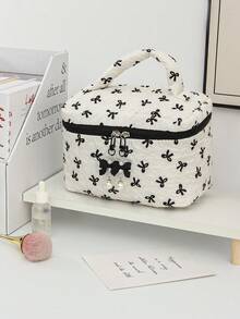 Cute Black&White Ribbon Bow Pattern Cosmetics Storage Bag Soft Fabric Makeup Bag With Detachable Bow Pendant Large Capacity Toiletry Travel Bag With Handle Portable Square Make Up Clutch Bag Fashionable Octagonal Wash Bag With Zipper Good Idea For Wedding Bridesmaid Gifts, Mom Gifts, Birthday Gifts, Valentine's Gift, Back To School Gifts, Travel Must Haves, Beach Bags For Women - White - View 18