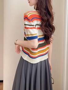 Rikumo Women's Casual Colorful Striped Crew Neck Short Sleeve Top, Summer Winter - Multicolor - View 2