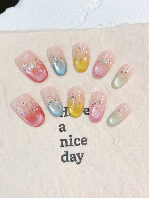 Upgrade Your Style, Handmade Pressing Nail Kit, Oval Candy-Colored Dopamine Sequins, Short Almond-Shaped High-End Crystal Nails, Suitable For Party, Dancing Or Daily Wear Nail Supplies Nails