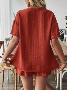 Women's Summer Casual Solid Color Shirt And Shorts Set - Brick Red - View 5