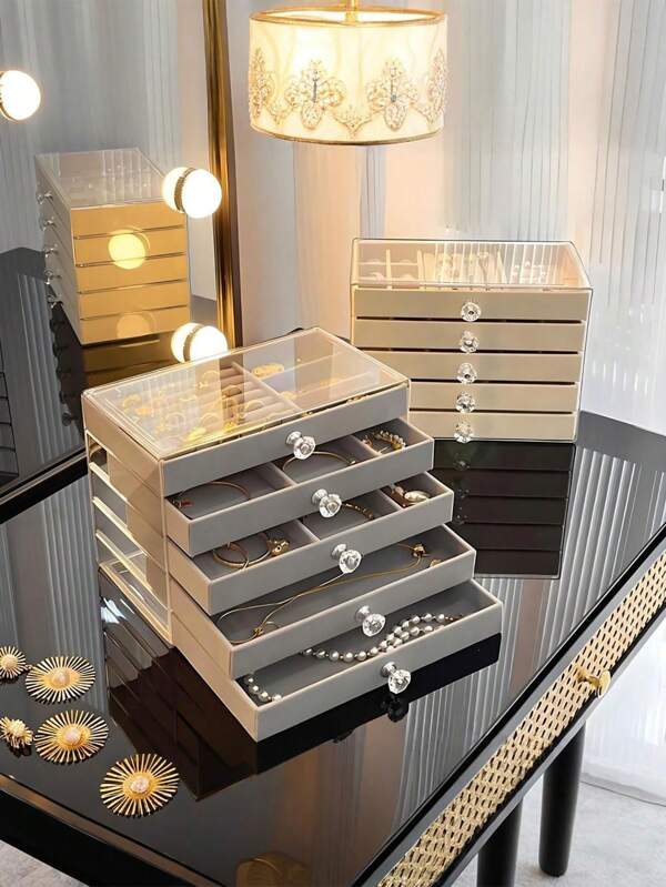 1pc, 7 Compartments 5 Layers Velvet Jewelry Box Drawer-Style Jewelry Box Ring Box Earring Storage Box Drawer-Style Jewelry Storage Box,Three-Layer Acrylic Flannel Jewelry Box, Drawer Type Jewelry Organizer, Necklace Earrings Ring Jewelry Storage Box, Gift For Women And Girlssummer Storage Organizer Gift