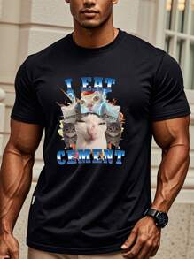 T-shirt girocollo da uomo con stampa di un simpatico gatto in cotone, 190 g/m²