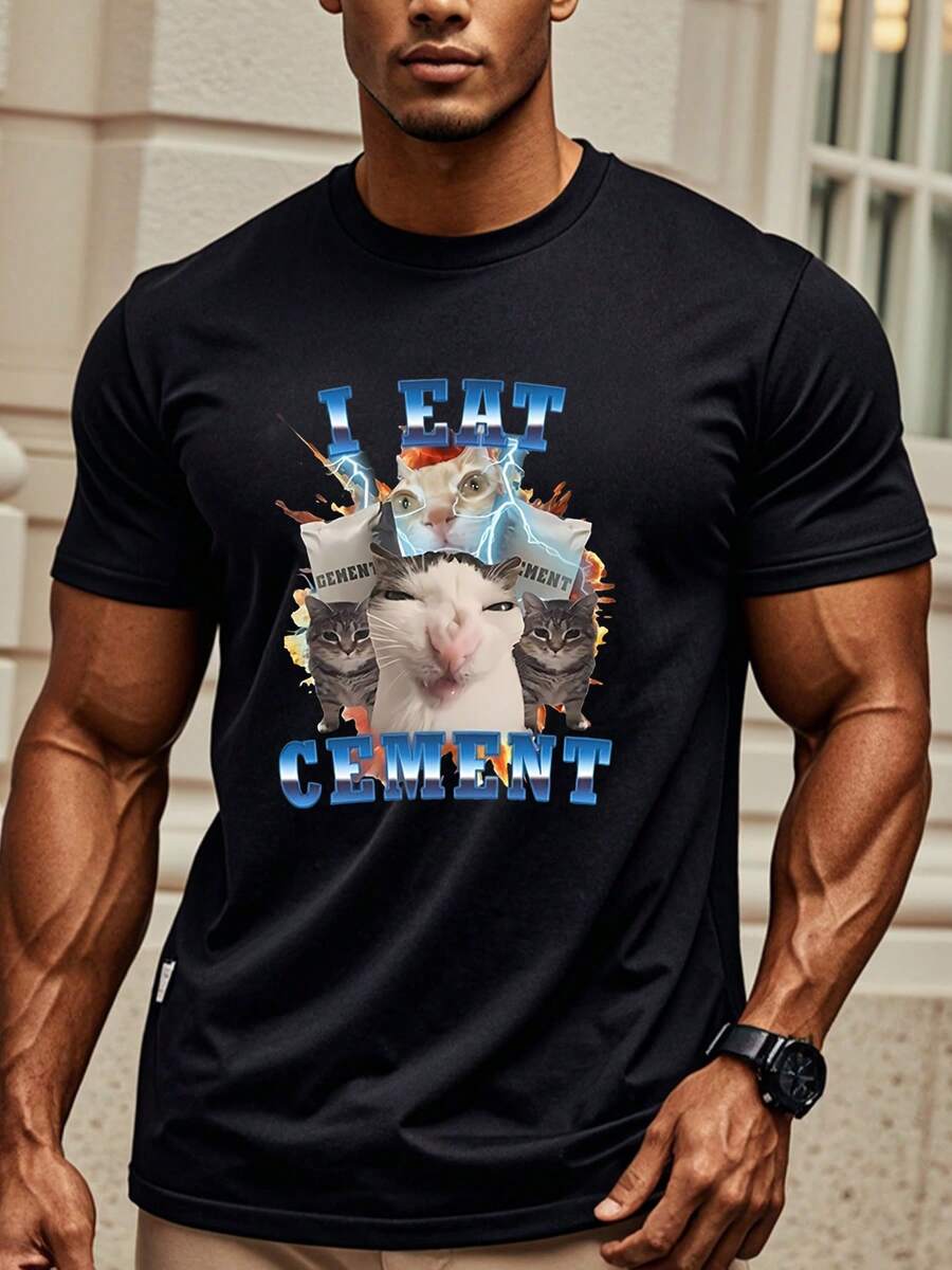 T-shirt girocollo da uomo con stampa di un simpatico gatto in cotone, 190 g/m²