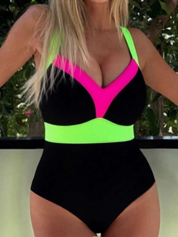 An Eye-Catching Swimsuit With A V-Neck Design, Tummy Control, Perfect For Vacations And Swimwear, Women'S Swimwear And Clothing.