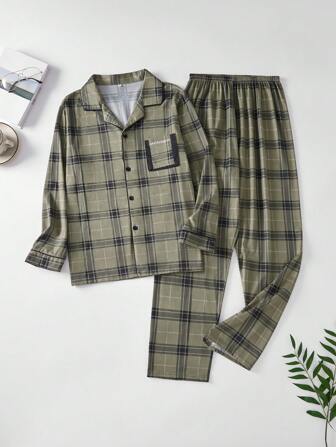 2 Pieces Set Men's Comfortable New Pajama Set - Plaid Long Sleeve Button-Up Shirt - Plaid Pants - Cozy Casual Sleepwear