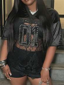 Camiseta de mujer de manga corta y cuello en V con letras de strass, transparente, para uso nocturno y fiestas